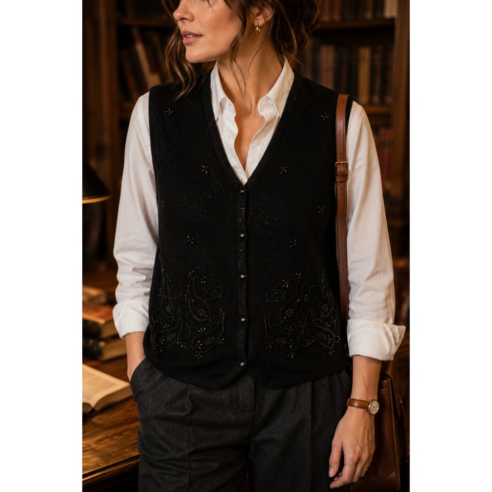Requirements Vintage Black Hand Beaded Embroidered Sweater Vest S NWT Ramie